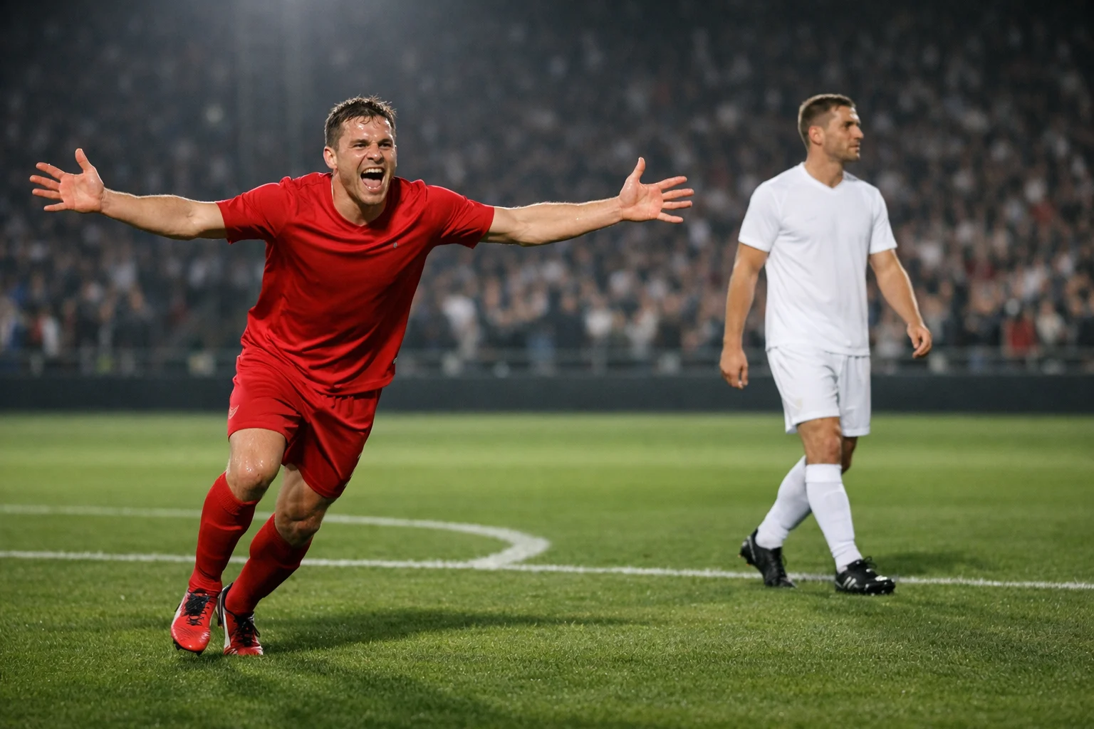 Jugadores de dos equipos de fútbol celebrando goles en un estadio europeo con césped natural