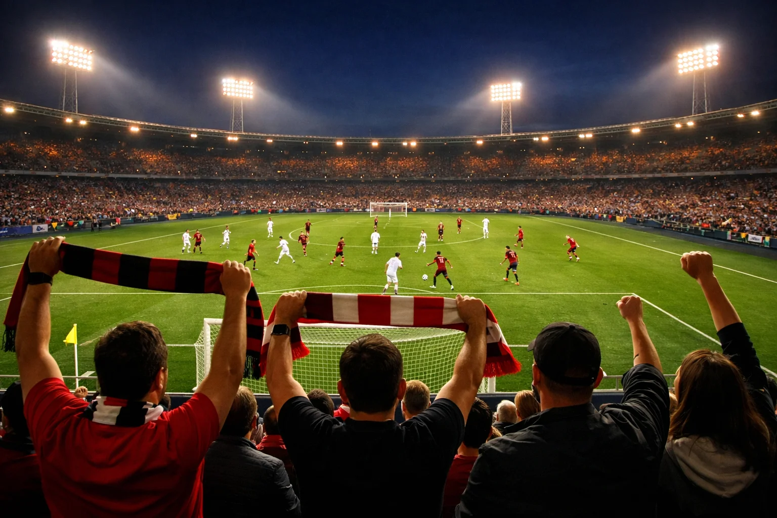 Aficionados de fútbol animando en las gradas de un estadio europeo iluminado