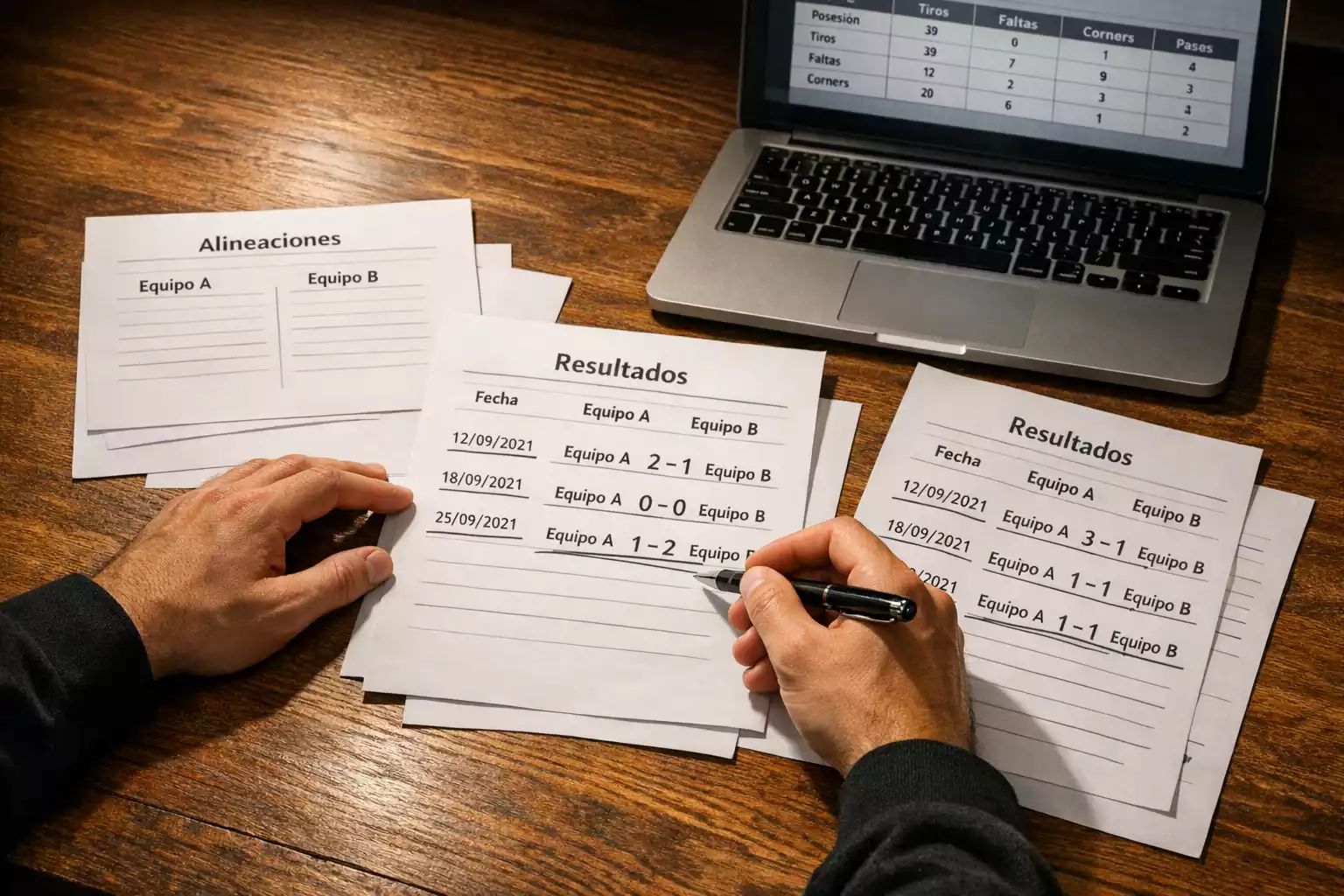 Mano de un analista con bolígrafo revisando varios resultados de partidos de fútbol sobre un escritorio