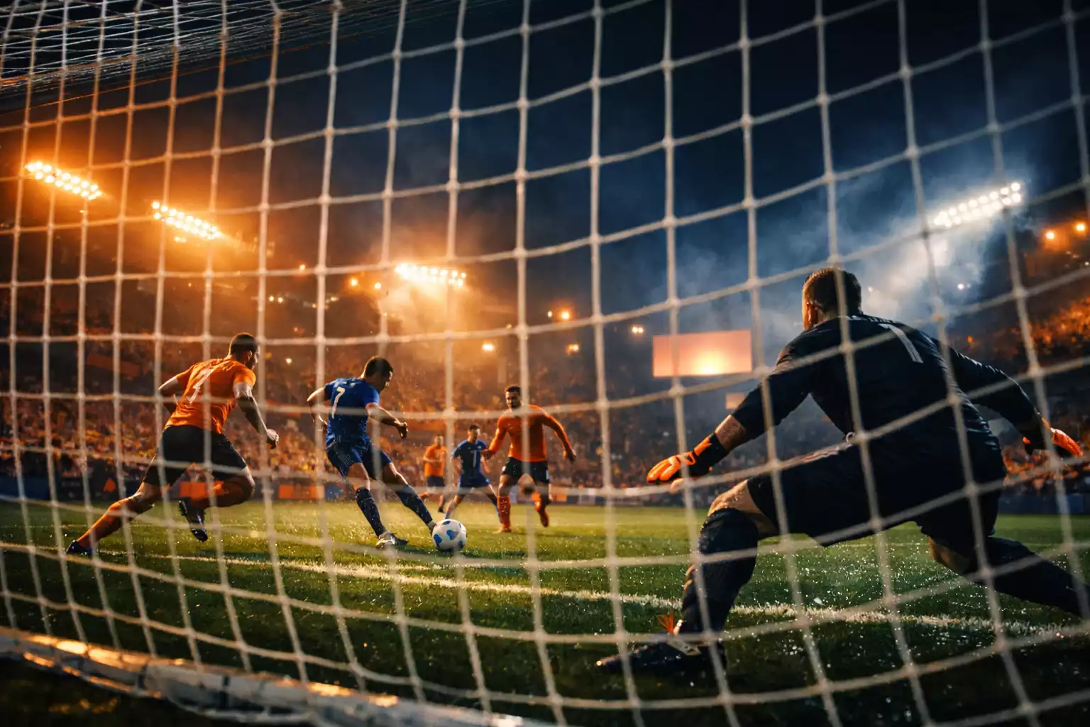Estadio de fútbol iluminado durante un partido nocturno de Europa League con aficionados en las gradas