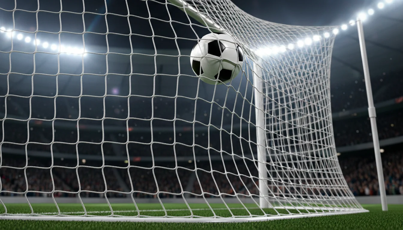 Balón de fútbol entrando en la red de una portería en un estadio nocturno