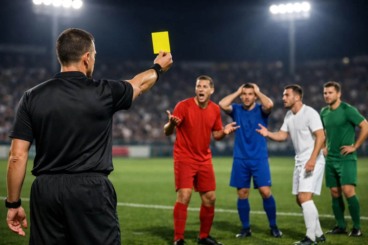 Árbitro de fútbol mostrando una tarjeta amarilla durante un partido europeo con jugadores alrededor