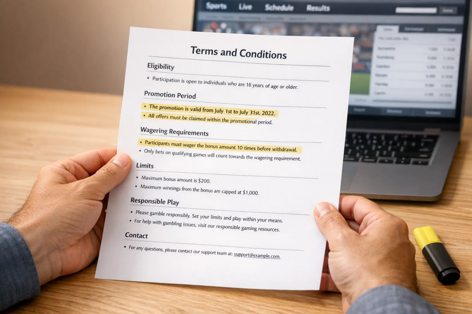 Documento con términos y condiciones de promoción deportiva sobre un escritorio