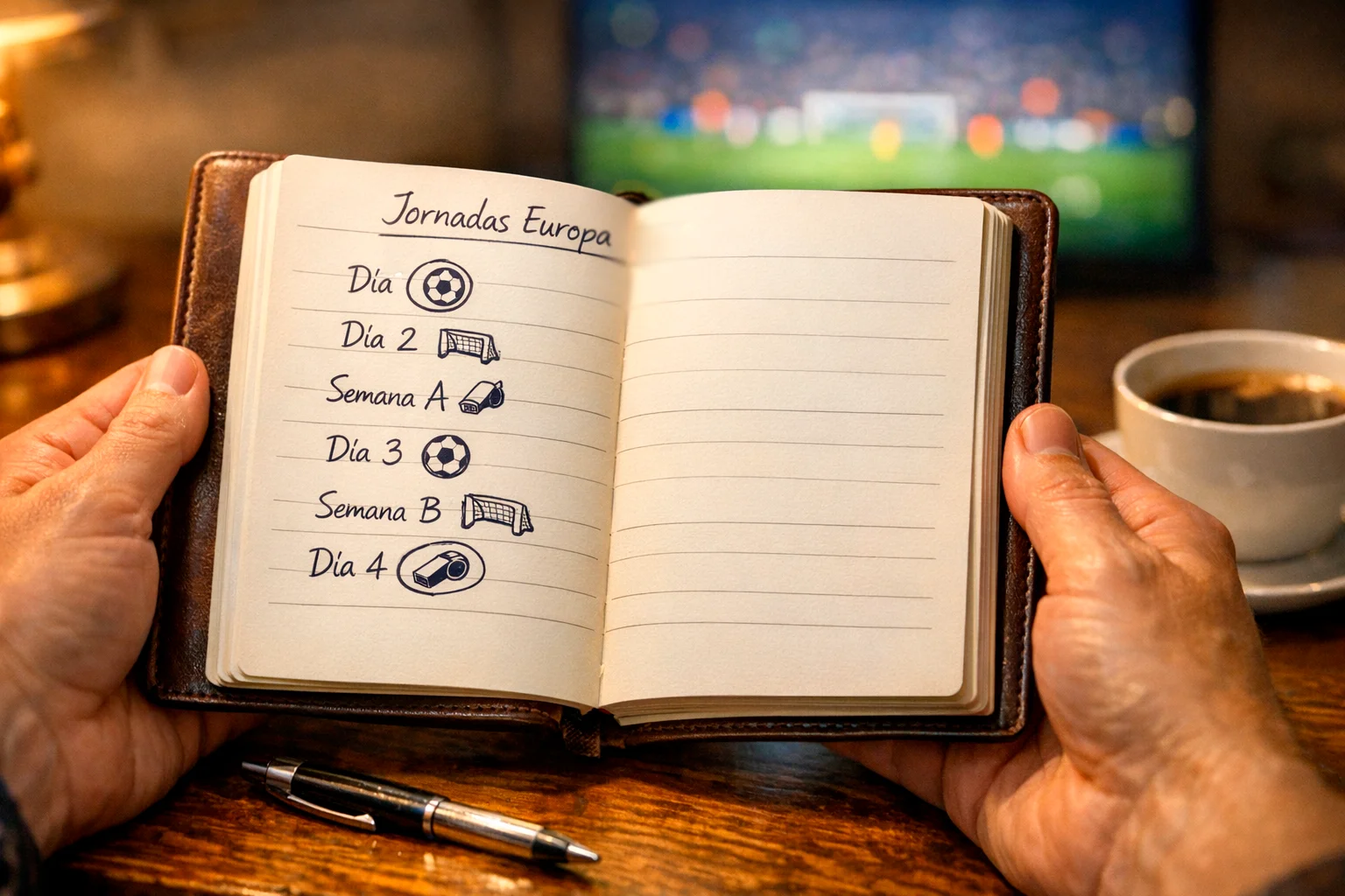 Bloc de notas con planificación de jornadas de fútbol europeo junto a un bolígrafo