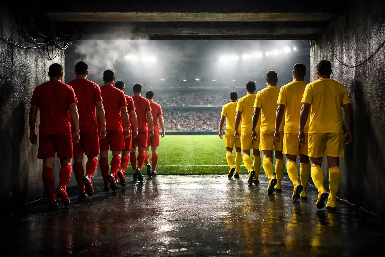 Jugadores de fútbol en un túnel de vestuarios antes de salir al campo europeo