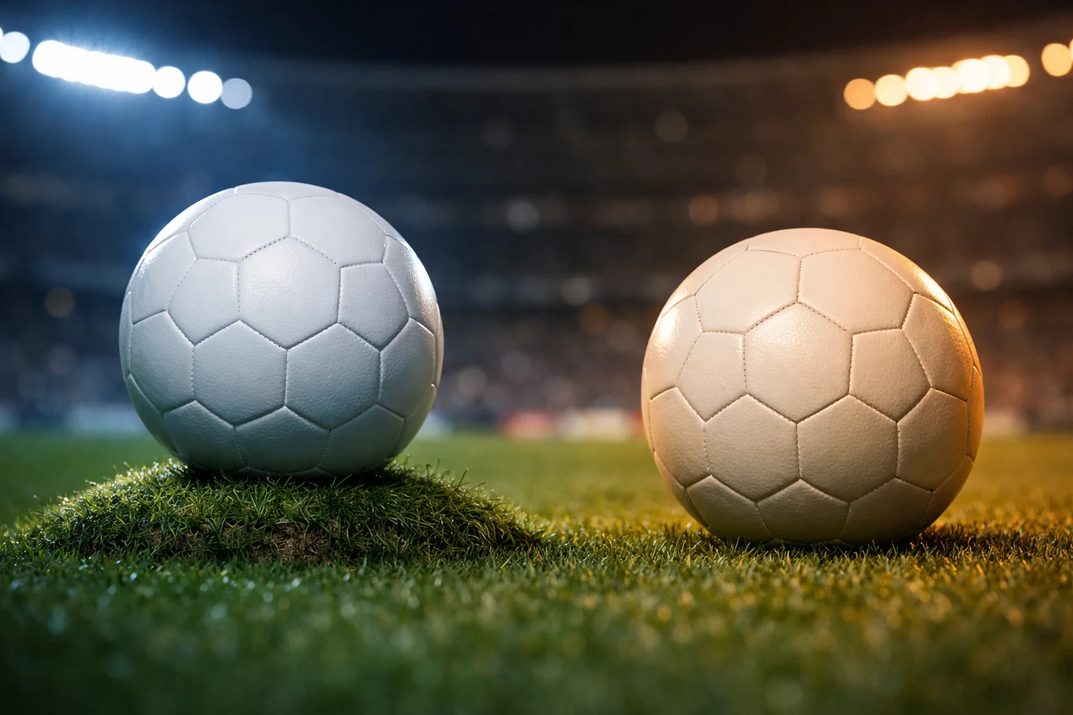 Dos balones de fútbol europeo sobre césped natural bajo focos de estadio