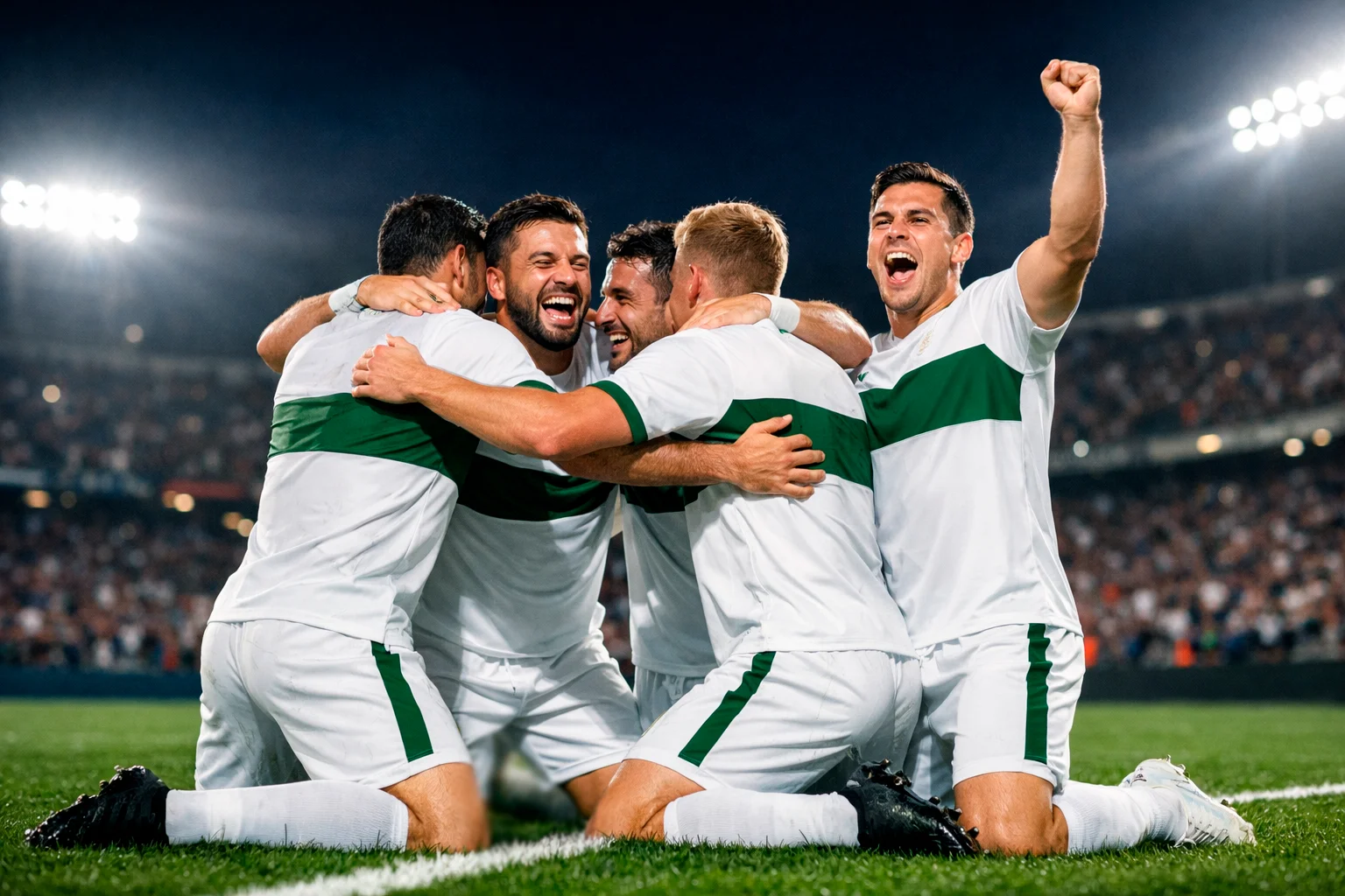 Jugadores españoles celebrando un gol en un estadio europeo durante un partido nocturno