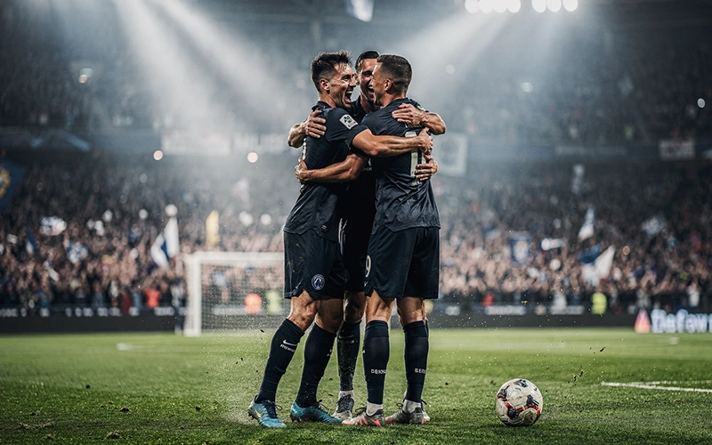 Jugadores de fútbol celebrando victoria en competición europea nocturna