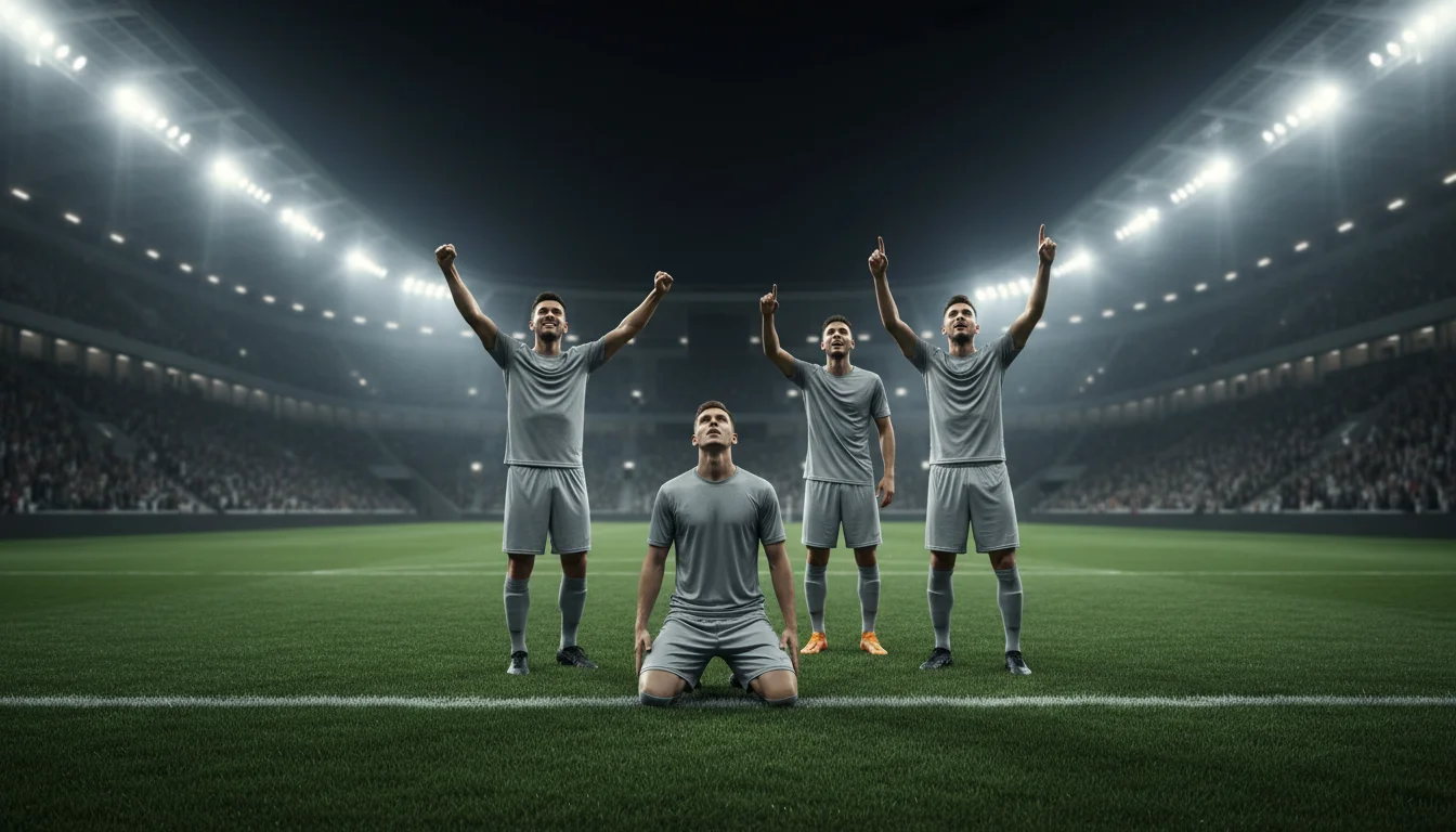 Jugadores de un equipo modesto celebrando una victoria en un gran estadio de fútbol europeo
