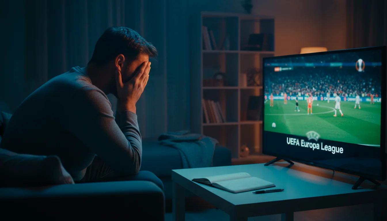 Aficionado frustrado frente a una pantalla mostrando un partido de fútbol de la Europa League