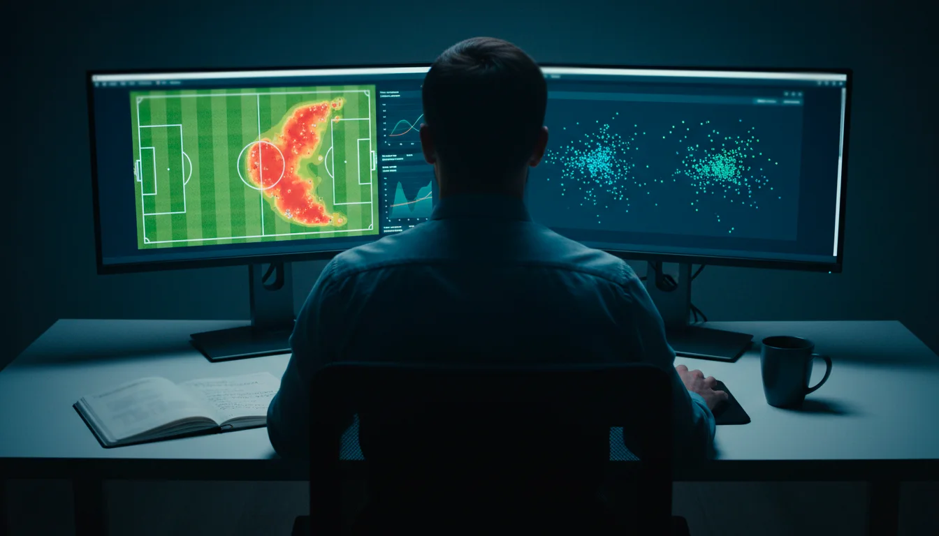 Analista deportivo estudiando estadísticas de fútbol en múltiples pantallas con datos de equipos