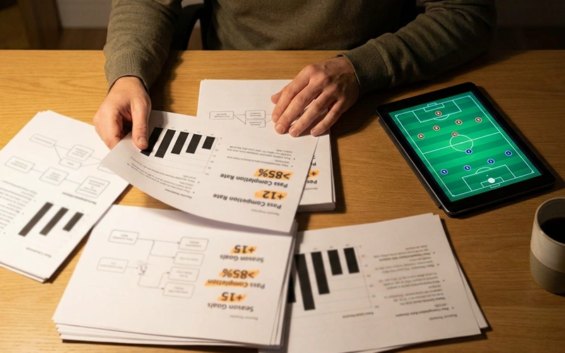 Persona analizando documentos con datos de rendimiento de equipos de fútbol