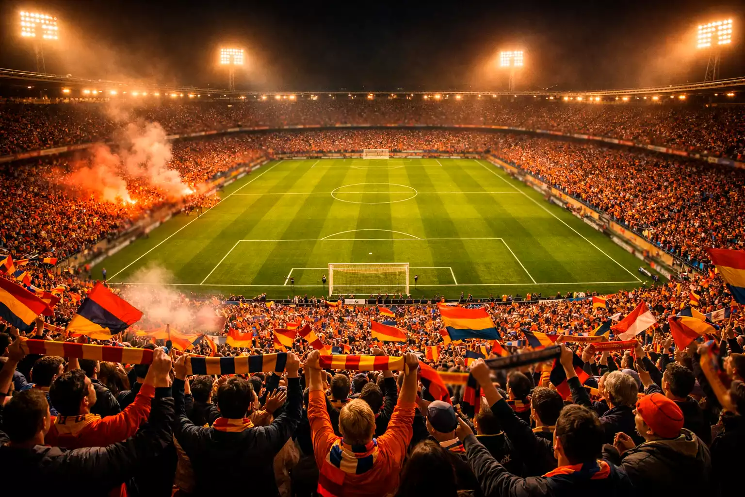 Estadio de fútbol lleno de aficionados locales animando con banderas durante un partido europeo nocturno