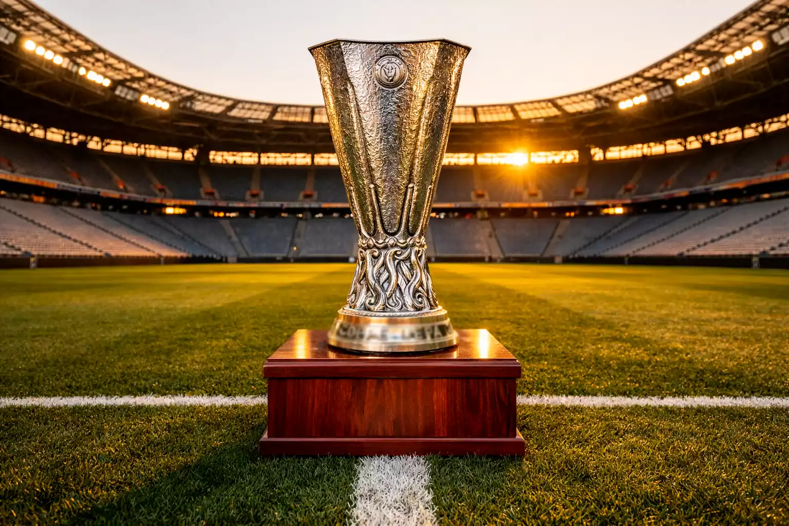 Trofeo de la Europa League iluminado sobre un podio en un estadio de fútbol vacío al atardecer