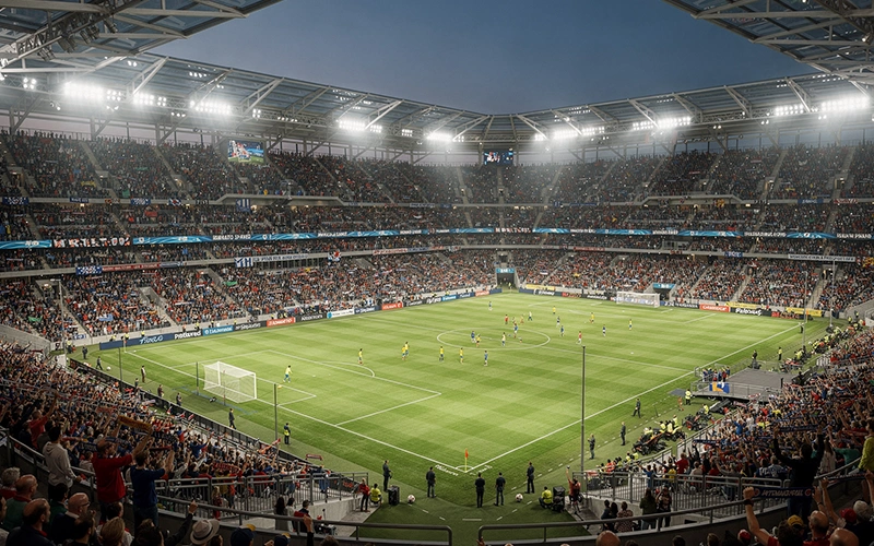 Vista panorámica de un estadio europeo con afición durante competición continental