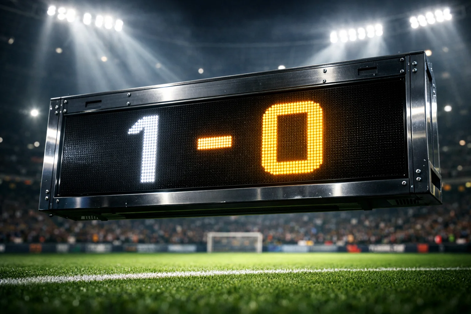 Primer plano de un marcador electrónico de estadio durante un partido de fútbol