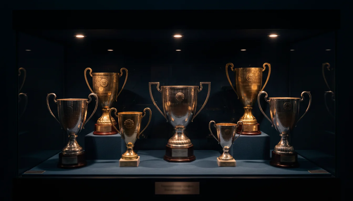 Vitrina con trofeos antiguos de fútbol europeo iluminados en un museo deportivo