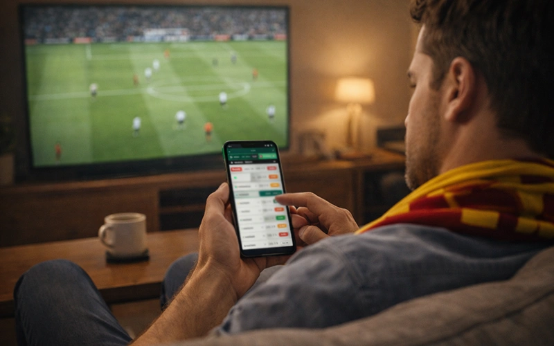 Aficionado usando aplicación móvil de apuestas deportivas mientras ve partido en televisor
