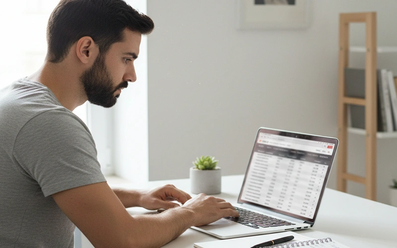 Persona analizando diferentes cuotas de apuestas en pantalla de ordenador portátil