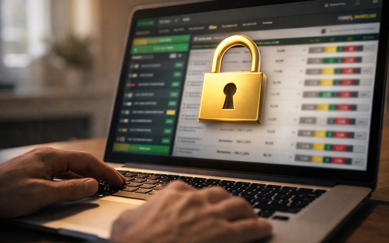 Candado de seguridad digital sobre pantalla de ordenador con plataforma de apuestas