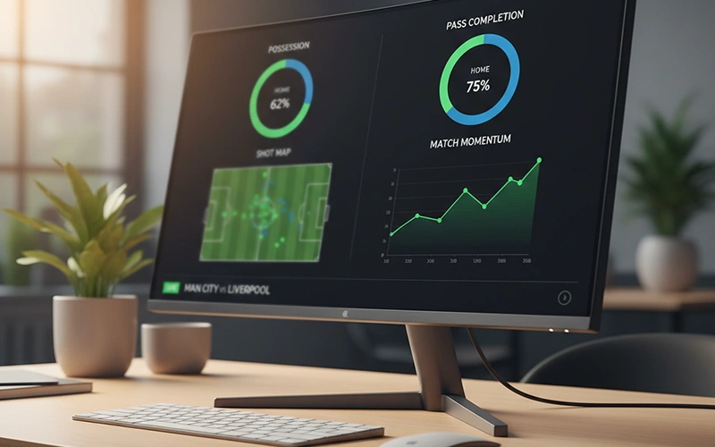 Pantalla mostrando estadísticas en vivo de partido de fútbol con gráficos de rendimiento
