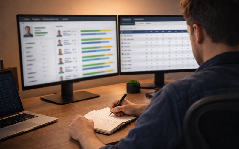 Persona revisando estadísticas de jugadores de fútbol en múltiples pantallas de ordenador