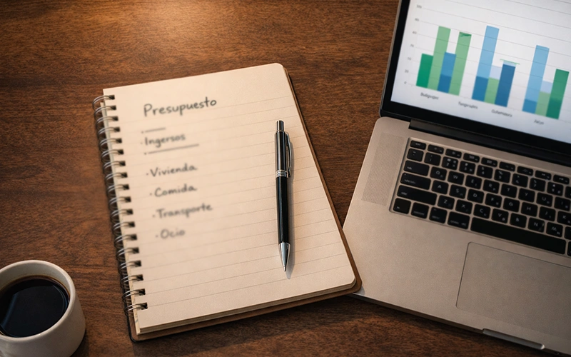 Bloc de notas con planificación financiera junto a portátil mostrando gráfico de barras