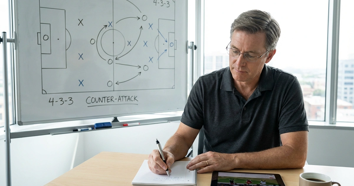 Analista deportivo estudiando tácticas de fútbol con pizarra y notas estratégicas