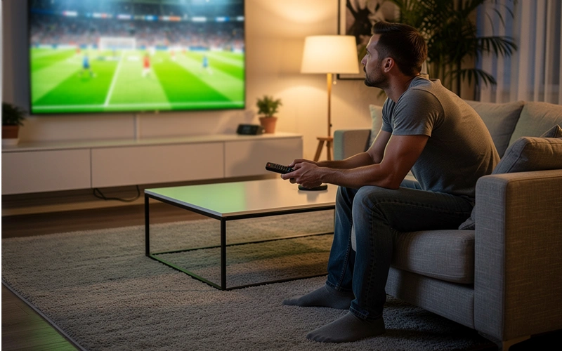 Aficionado viendo partido de fútbol en directo en televisor grande desde sofá