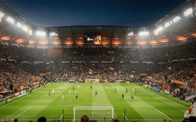 Vista panorámica de estadio europeo durante partido de Europa League con aficionados