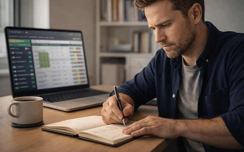 Hombre concentrado tomando notas mientras analiza datos deportivos en portátil