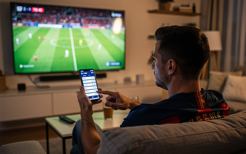 Aficionado viendo partido de fútbol en televisor mientras consulta cuotas en móvil