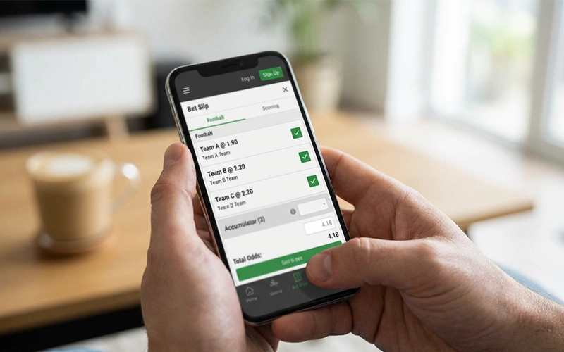 Persona seleccionando múltiples apuestas en aplicación móvil de deportes