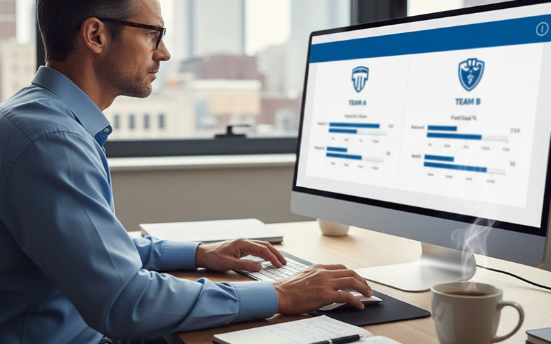 Analista deportivo comparando estadísticas de equipos en pantalla de ordenador