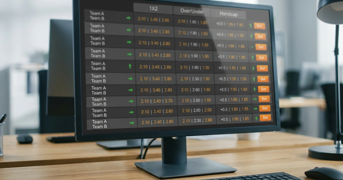 Pantalla de plataforma de apuestas mostrando diferentes mercados y cuotas de fútbol