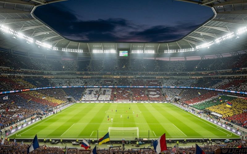 Vista panorámica de estadio europeo lleno de aficionados durante partido nocturno