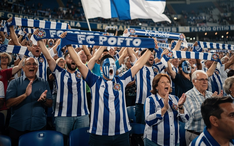 Aficionados portugueses animando en grada de estadio con bufandas azules y blancas