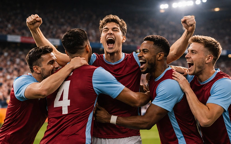 Jugadores de fútbol celebrando gol en estadio con camisetas granates
