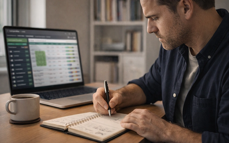 Persona tomando notas en cuaderno mientras analiza datos en portátil