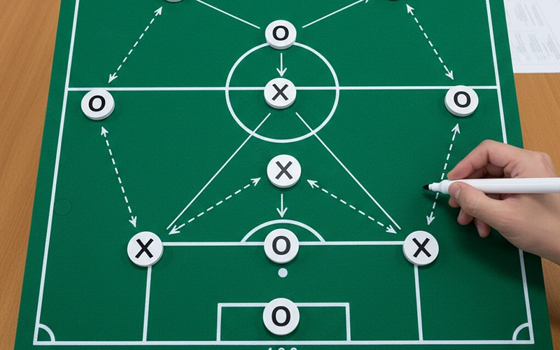 Campo de fútbol con formación táctica dibujada y flechas de movimiento