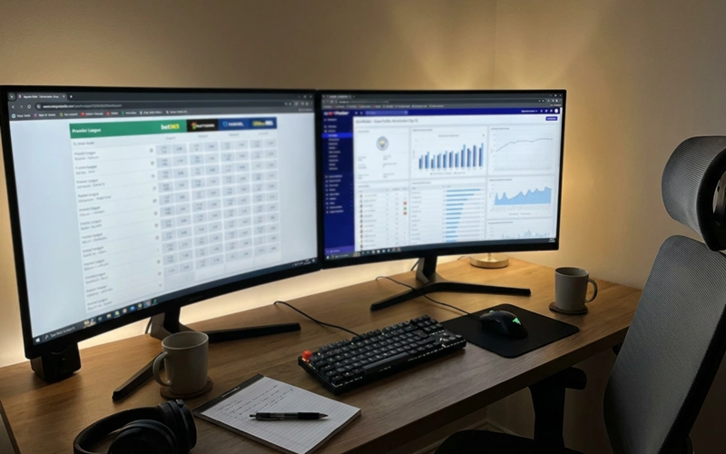 Múltiples pantallas mostrando comparadores de cuotas y bases de datos deportivas