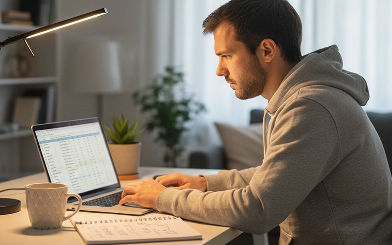 Hombre joven concentrado estudiando estadísticas deportivas en escritorio con café