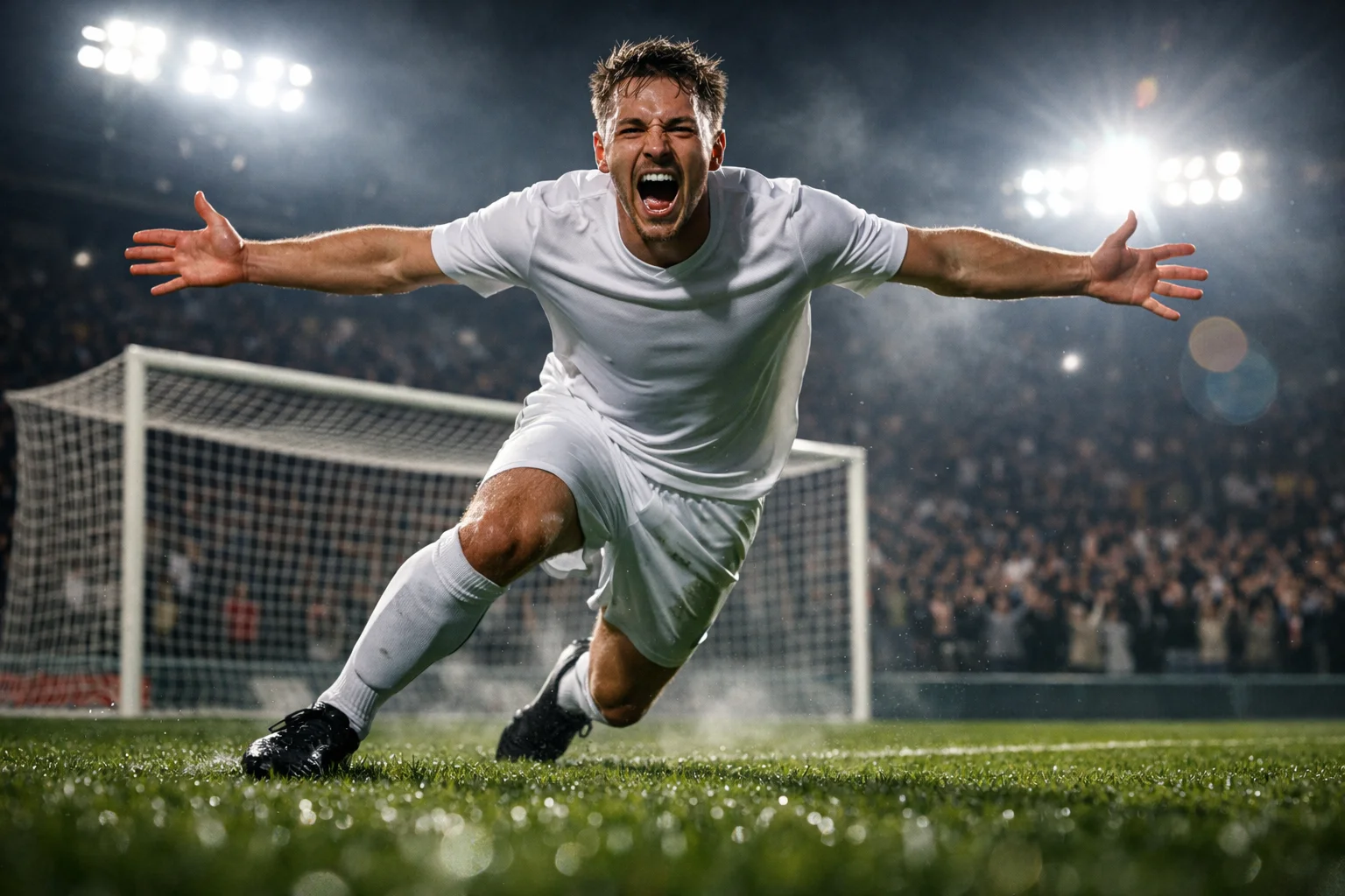 Delantero celebrando un gol con los brazos abiertos en un estadio lleno durante un partido nocturno
