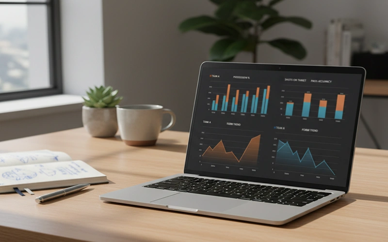 Portátil mostrando análisis de partido con estadísticas de fútbol