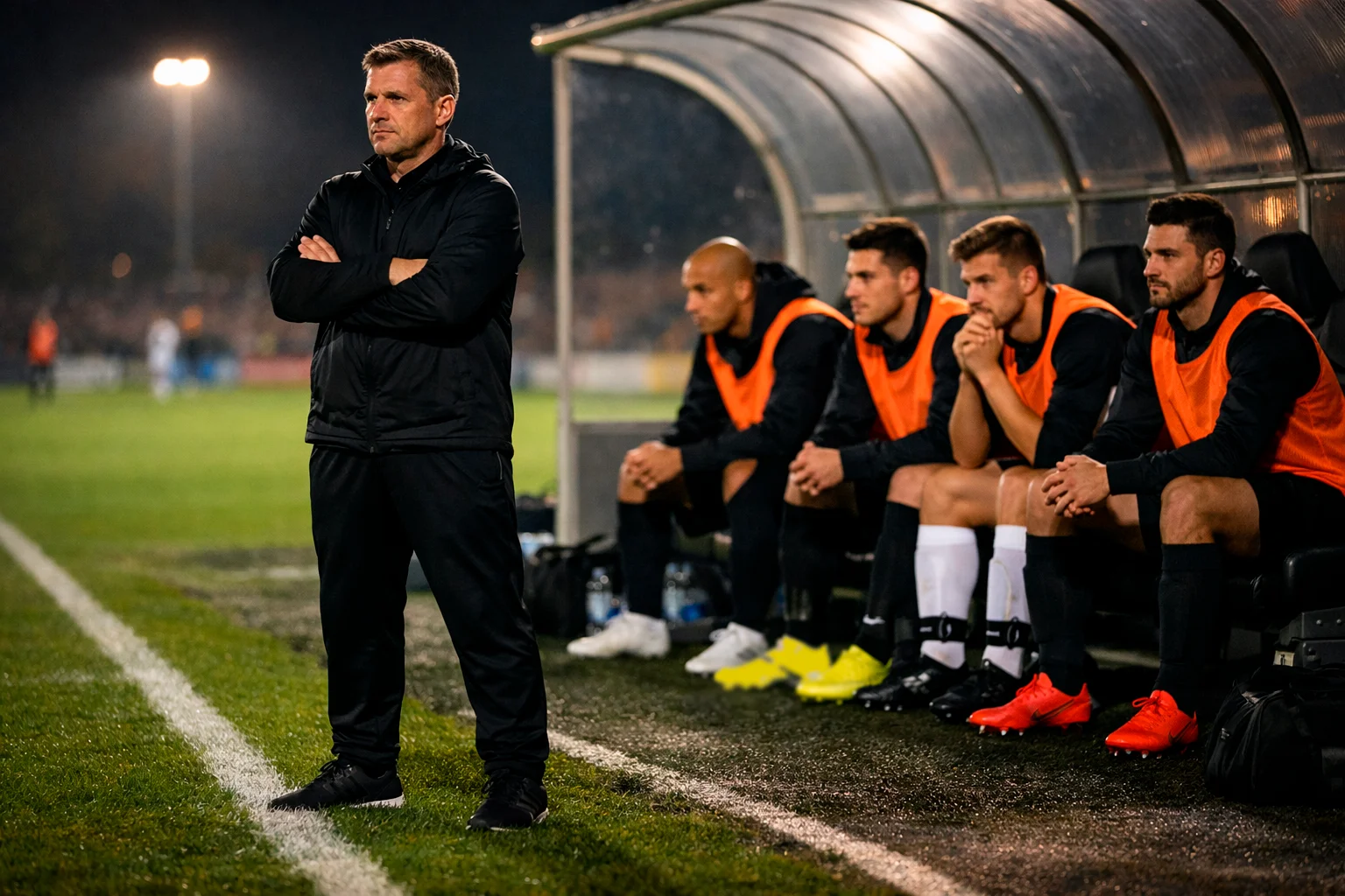 Entrenador de fútbol en el banquillo de un estadio consultando su táctica con el cuerpo técnico