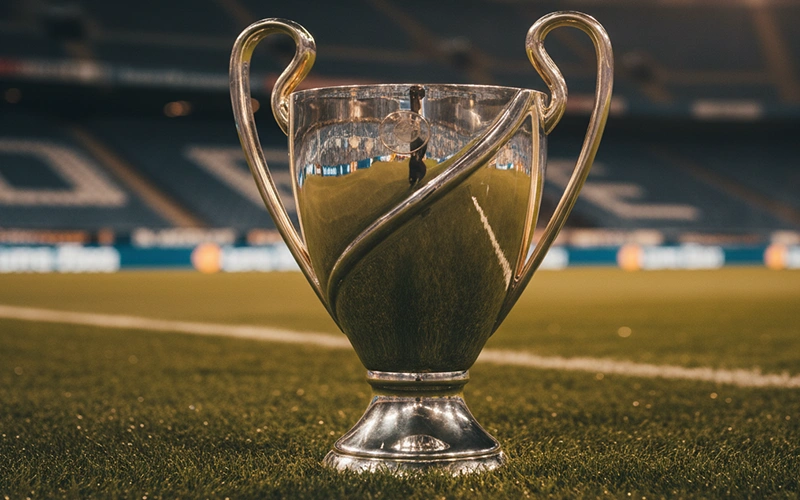 Trofeo de la UEFA Europa League sobre césped de estadio profesional