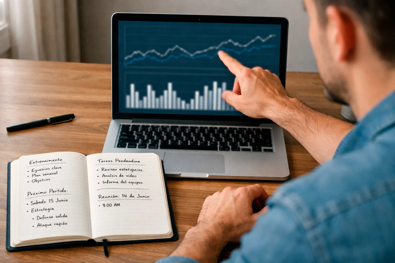 Persona analizando datos estadísticos de partidos de fútbol en un portátil con gráficos en pantalla