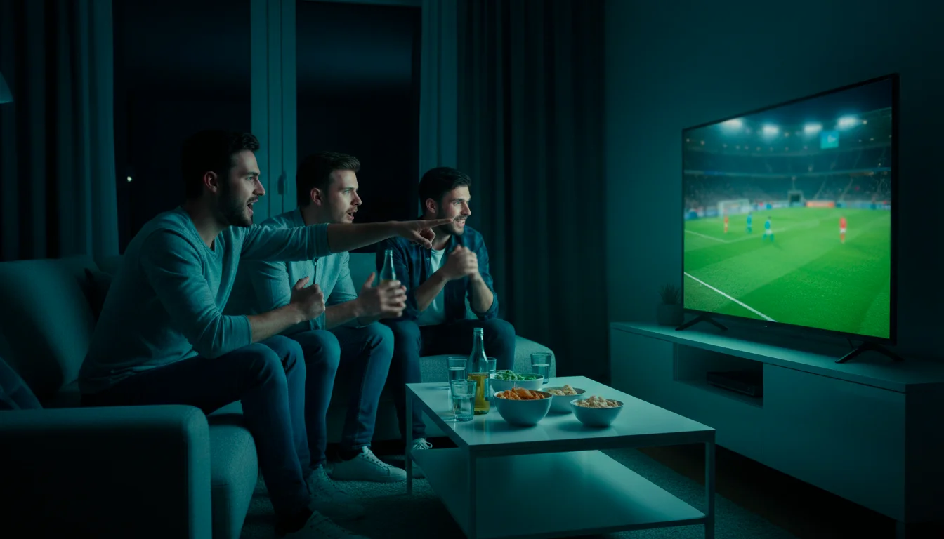 Grupo de amigos viendo un partido de fútbol de la Europa League en una pantalla grande en un salón